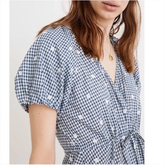 Madewell: Embroidered Gingham Faux-Wrap Tie-Waist Midi Dress (NWOT) - Picture 6 of 8